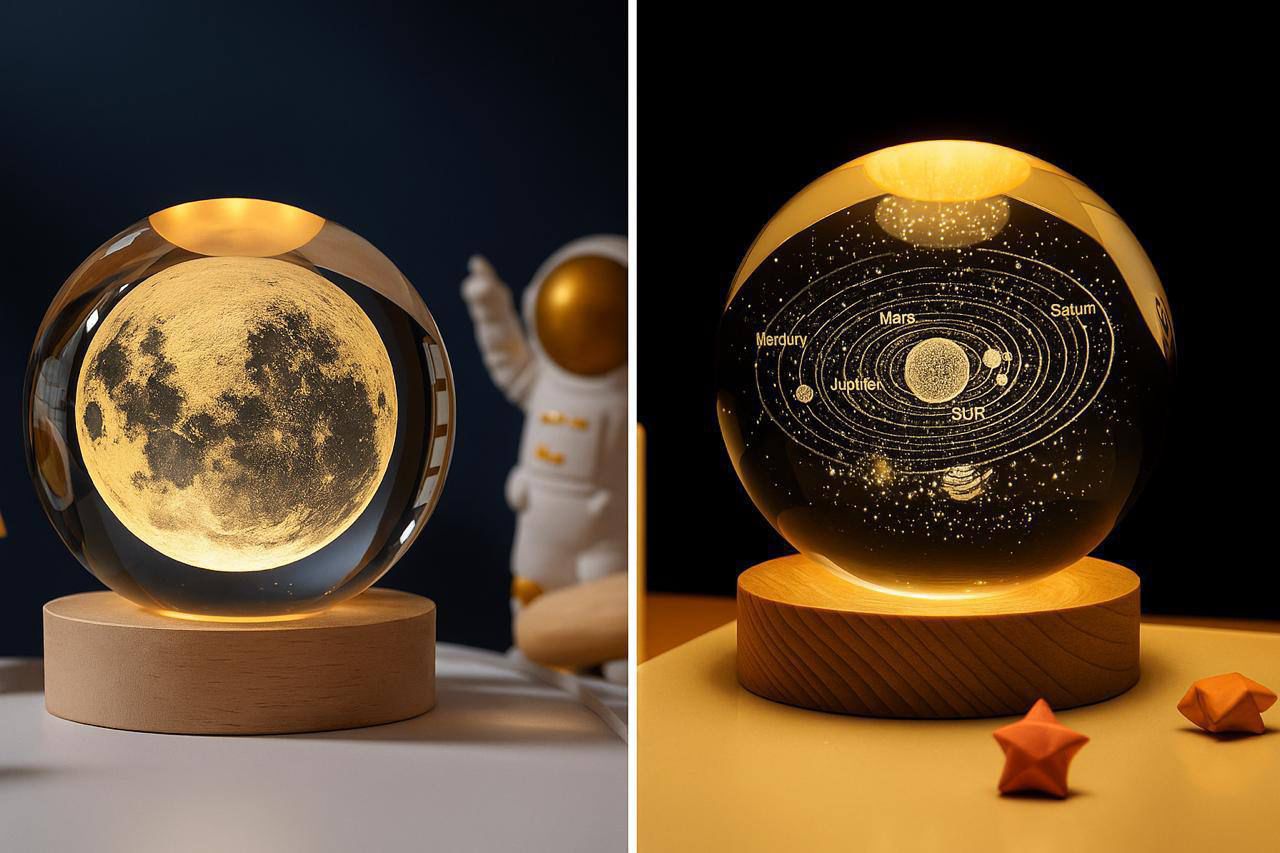 Universe Crystal Ball Night Light,3D Glass Ball Night LED Lamp with Wooden Base |Bedroom & Gift Light |Aesthetic Gift Lamp (Solar System)