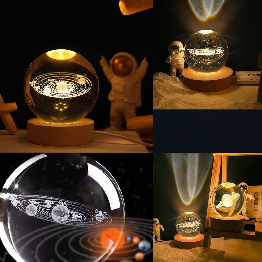 Universe Crystal Ball Night Light,3D Glass Ball Night LED Lamp with Wooden Base |Bedroom & Gift Light |Aesthetic Gift Lamp (Solar System)