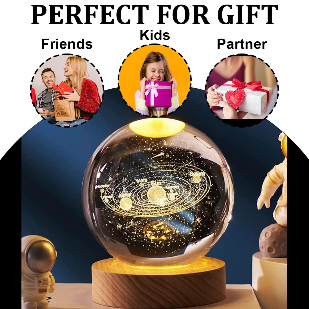 Universe Crystal Ball Night Light,3D Glass Ball Night LED Lamp with Wooden Base |Bedroom & Gift Light |Aesthetic Gift Lamp (Solar System)