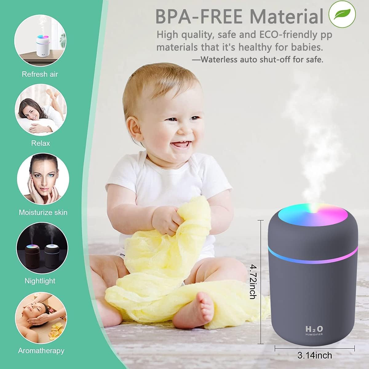 PURE AROMA® 300ml Essential Oil Diffuser & Aroma Diffuser | H2O Ultrasonic Cool Mist Humidifier with LED Night Light