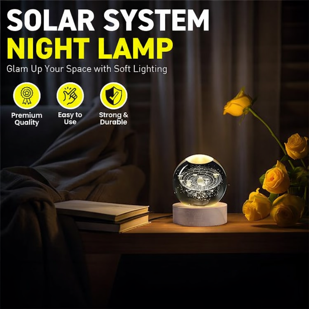 Universe Crystal Ball Night Light,3D Glass Ball Night LED Lamp with Wooden Base |Bedroom & Gift Light |Aesthetic Gift Lamp (Solar System)
