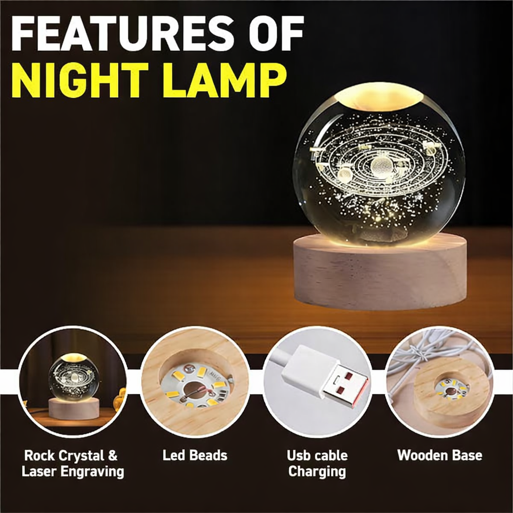 Universe Crystal Ball Night Light,3D Glass Ball Night LED Lamp with Wooden Base |Bedroom & Gift Light |Aesthetic Gift Lamp (Solar System)